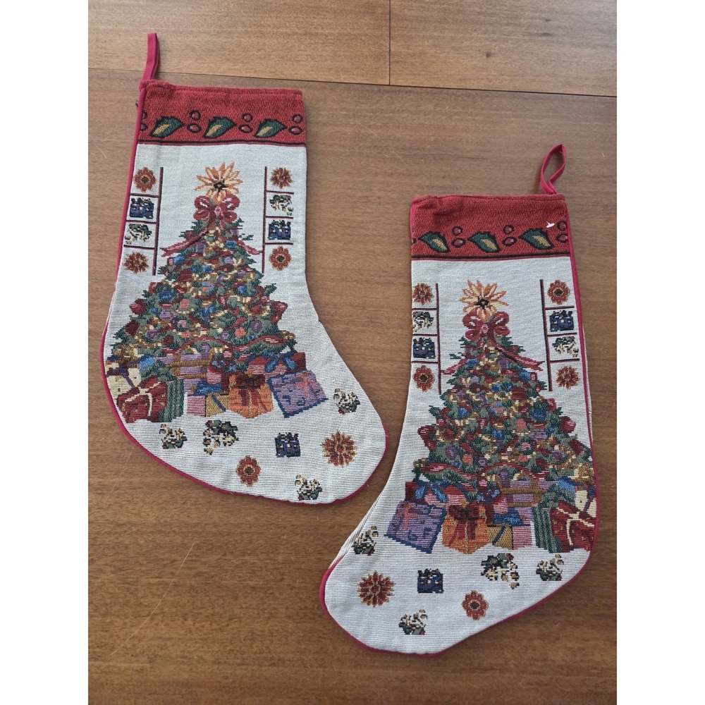 Pair Of Tapestry Christmas Tree Stockings Two Traditional Christmas Stockings